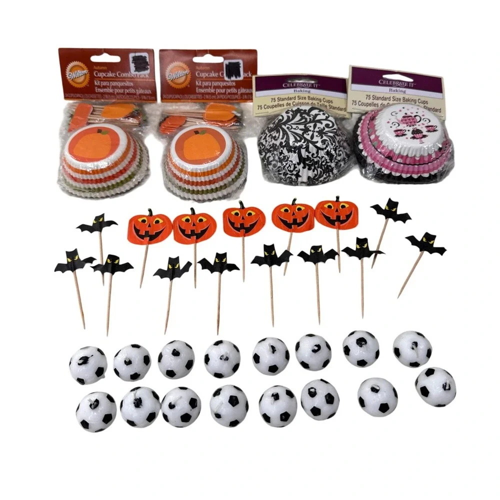 Wilton Celebrate It Cupcake Liners Picks Candles‎ Halloween Pumpkin Soccer Lot